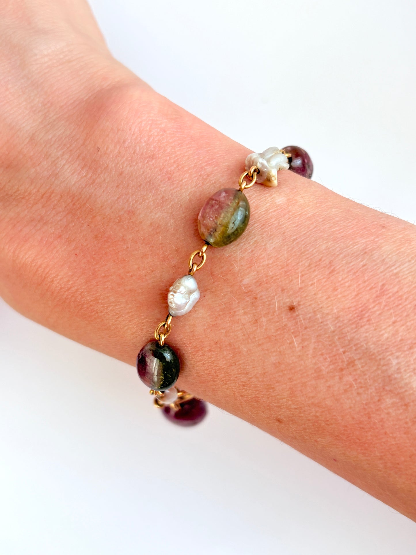 Vintage, 1920s 15ct Gold, Watermelon Tourmaline and Pearl Bracelet, 15g