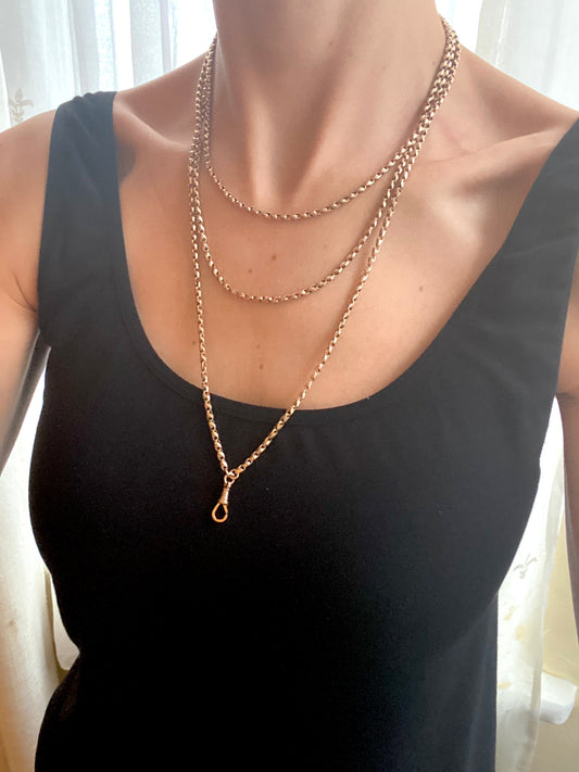 62 inch, Antique, 9ct Gold Victorian Long Guard Chain with Dog Clip 28.85g