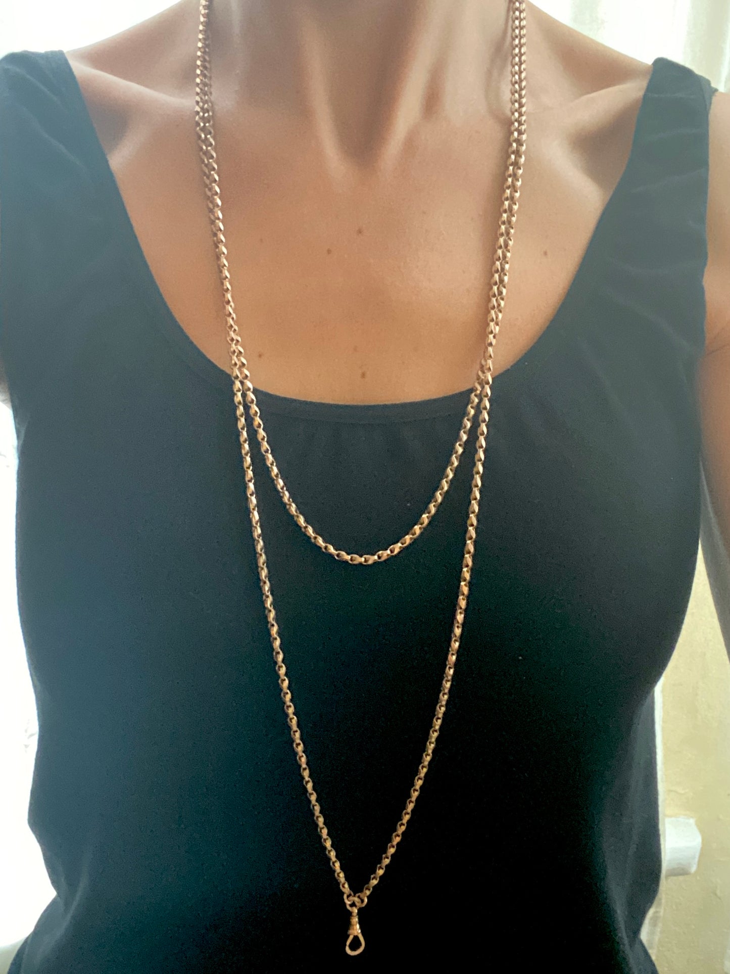 62 inch, Antique, 9ct Gold Victorian Long Guard Chain with Dog Clip 28.85g