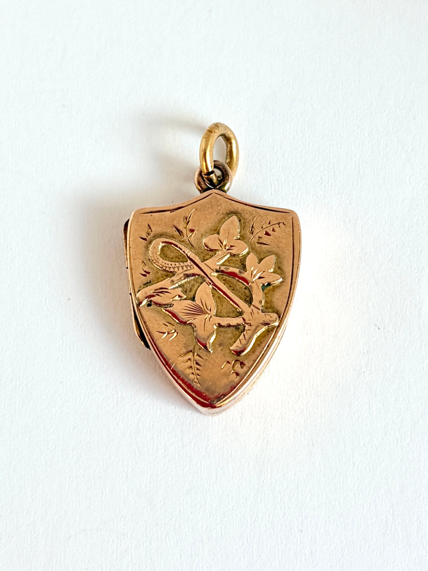 Rare, Victorian,  9ct Gold Shield Locket with Ivy and a equestrian decor, 1901