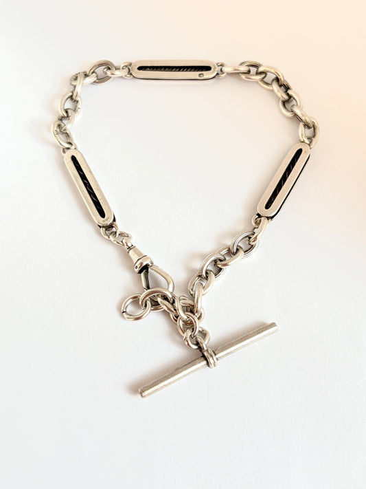 Hallmarked, 10 inch  Silver Antique Watch Chain Bracelet or Extender with T bar, and  Dog Clip (27.90)