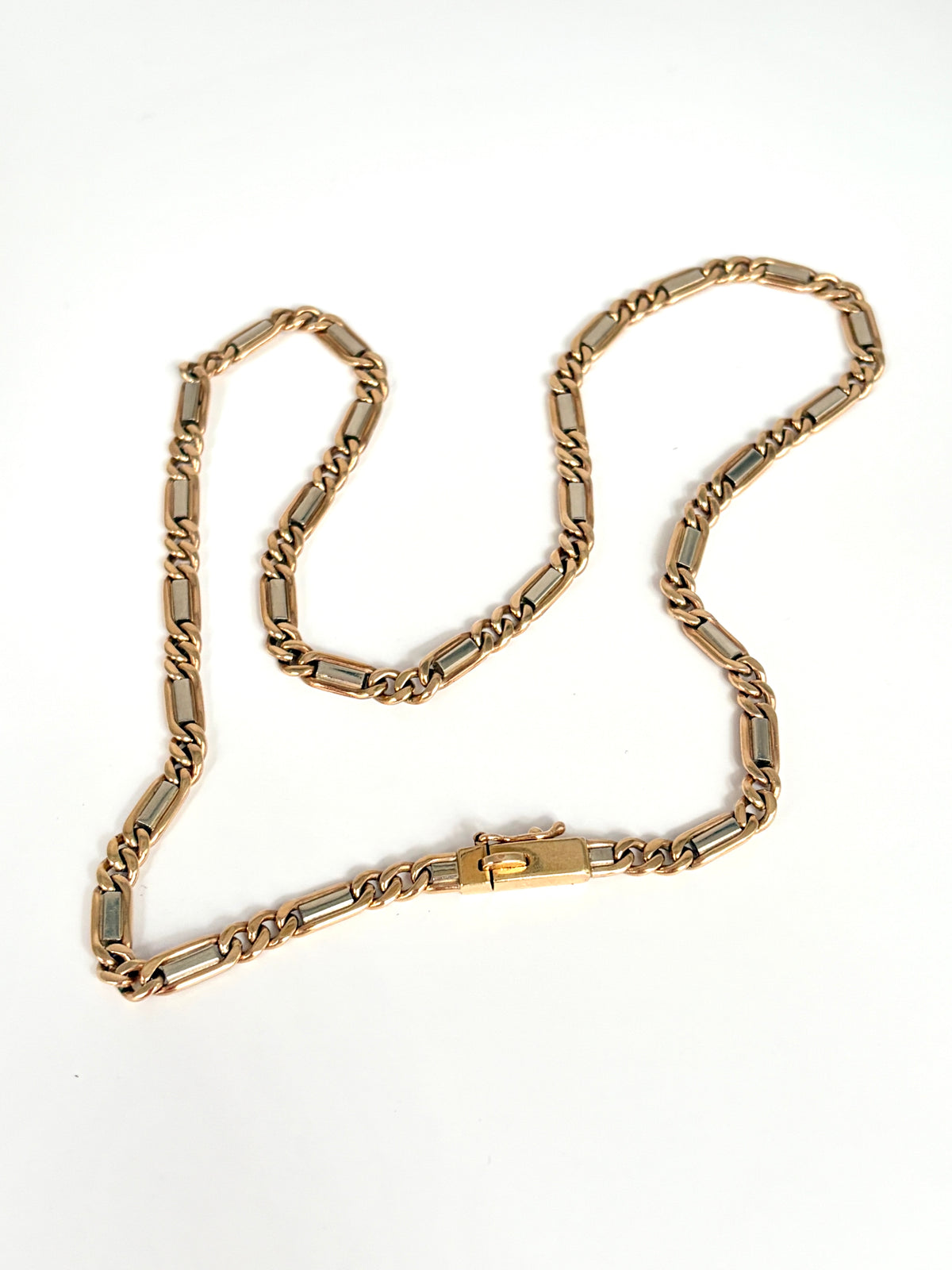 18 inch, Vintage, 9ct Yellow and White Gold Figaro chain, 24.60g