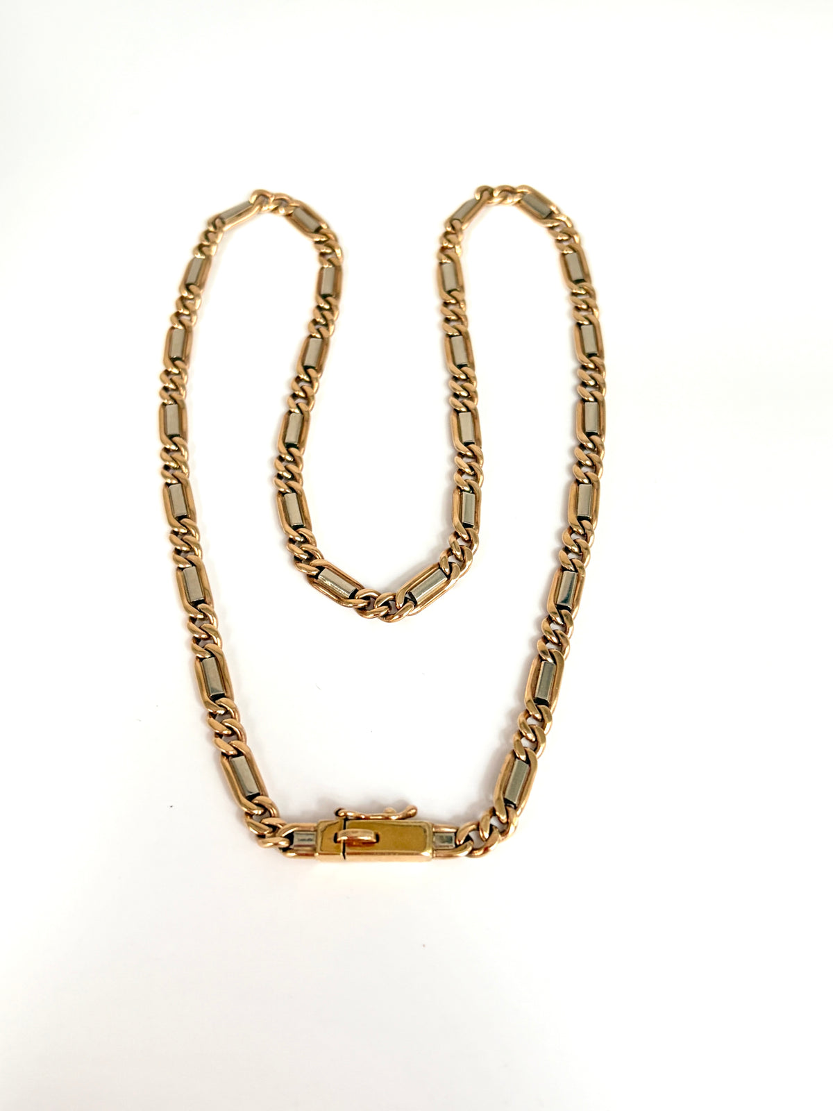 18 inch, Vintage, 9ct Yellow and White Gold Figaro chain, 24.60g
