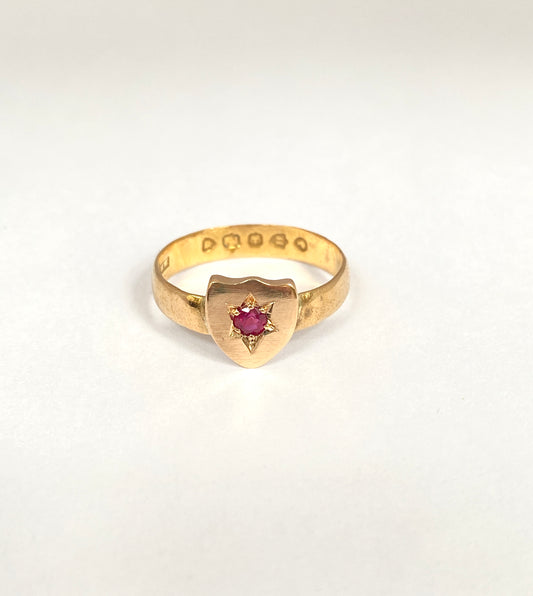 Antique, Victorian, 15ct Gold Ruby Shield Ring, Hallmarked, London, 1883