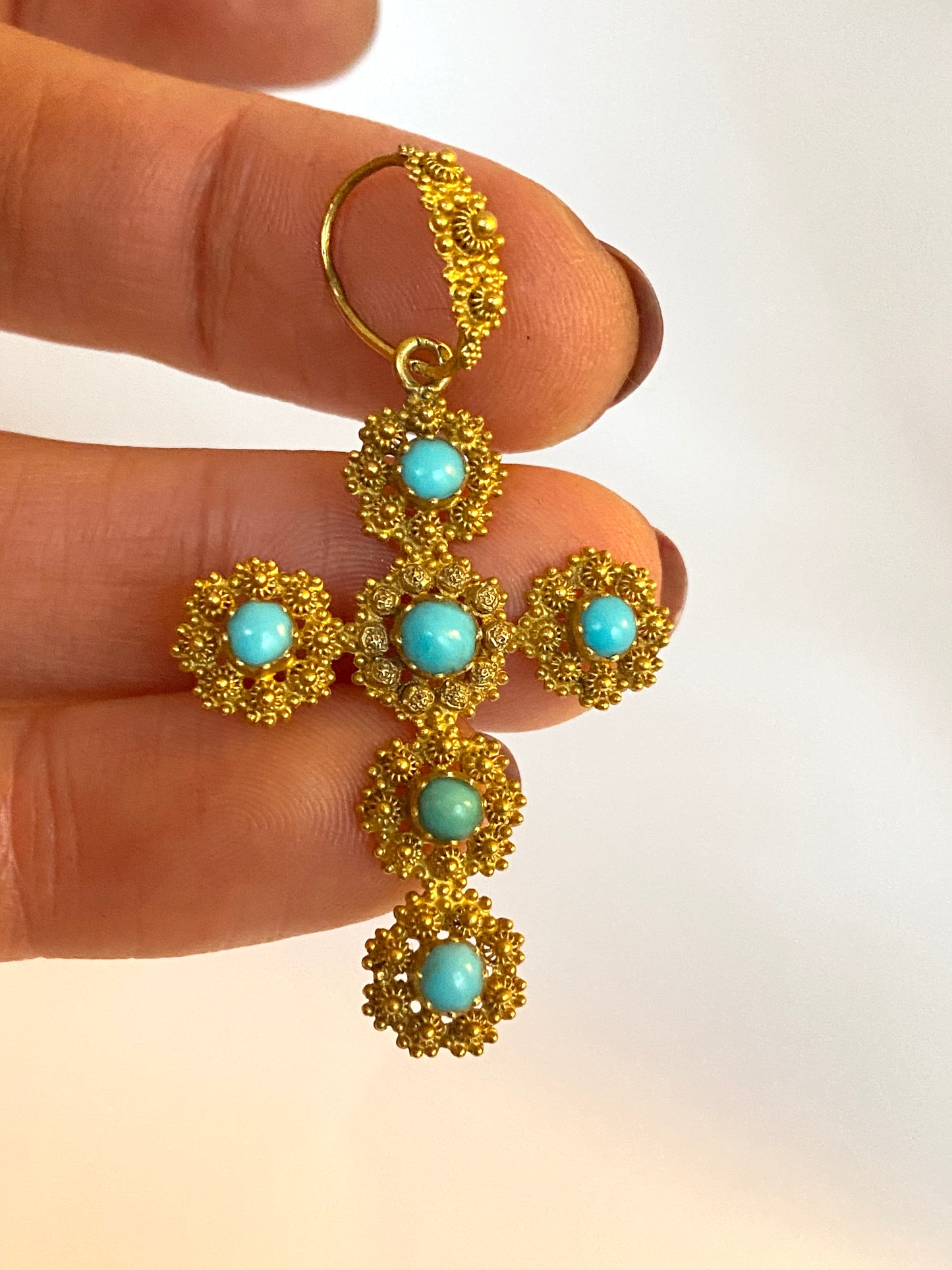 Antique, Victorian, 15ct Gold and Turquoise Cross Pendant