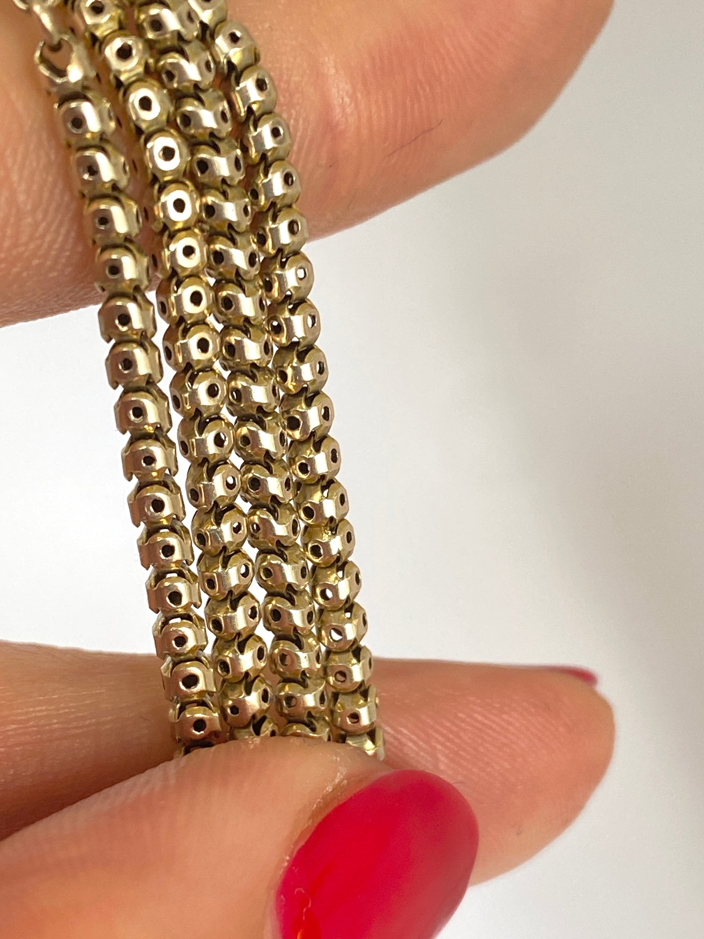 Antique, 9ct Gold Victorian Pierced Link Long Guard chain with faceted stations, 32 inches, 13g