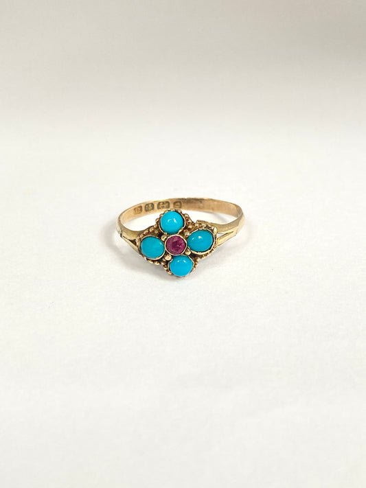 Antique, Victorian, 12ct Gold Turquoise and Ruby Flower Ring, Hallmarked 12ct Gold, Birmingham, 1863