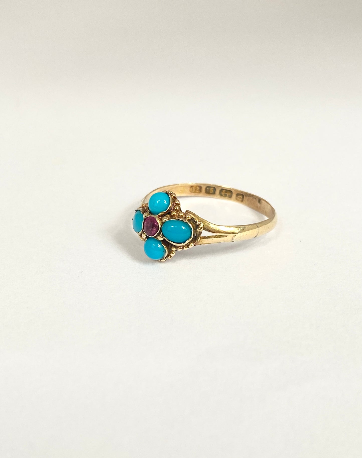 Antique, Victorian, 12ct Gold Turquoise and Ruby Flower Ring, Hallmarked 12ct Gold, Birmingham, 1863