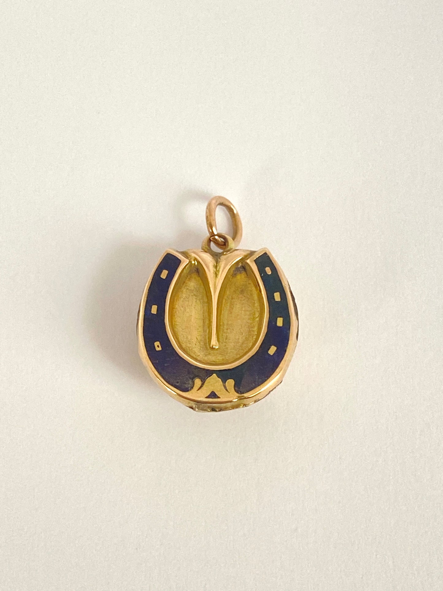 Lucky, Victorian 15ct Gold Horse Hoof Locket / Pendant with Forget Me Not Flowers and Cobalt Blue Horse Shoe