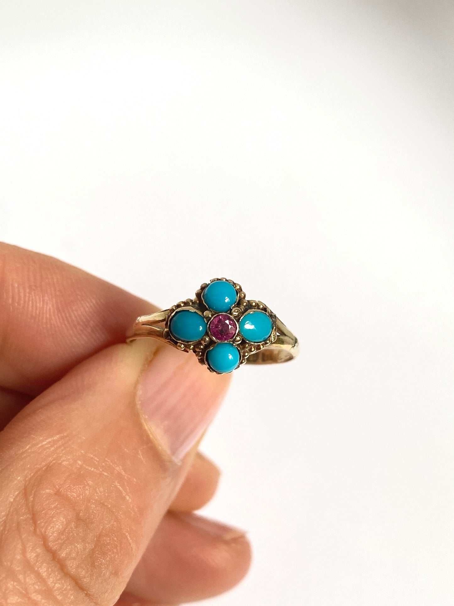 Antique, Victorian, 12ct Gold Turquoise and Ruby Flower Ring, Hallmarked 12ct Gold, Birmingham, 1863