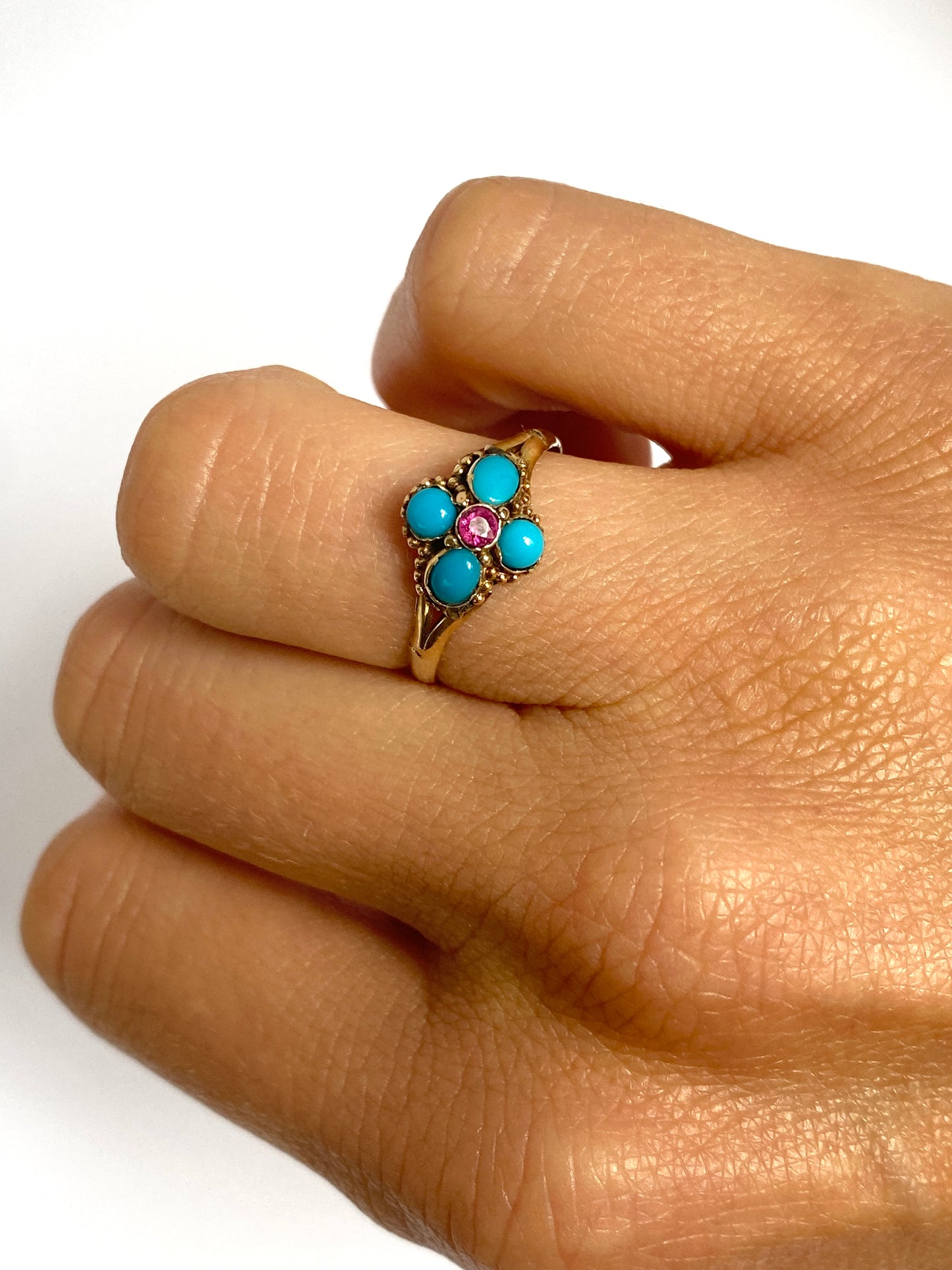 Antique, Victorian, 12ct Gold Turquoise and Ruby Flower Ring, Hallmarked 12ct Gold, Birmingham, 1863