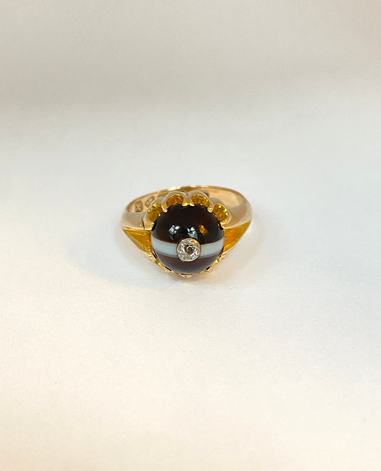 Edwardian, 18ct Gold, Bullseye Agate Ring with Diamond, Hallmarked Chester, 1908