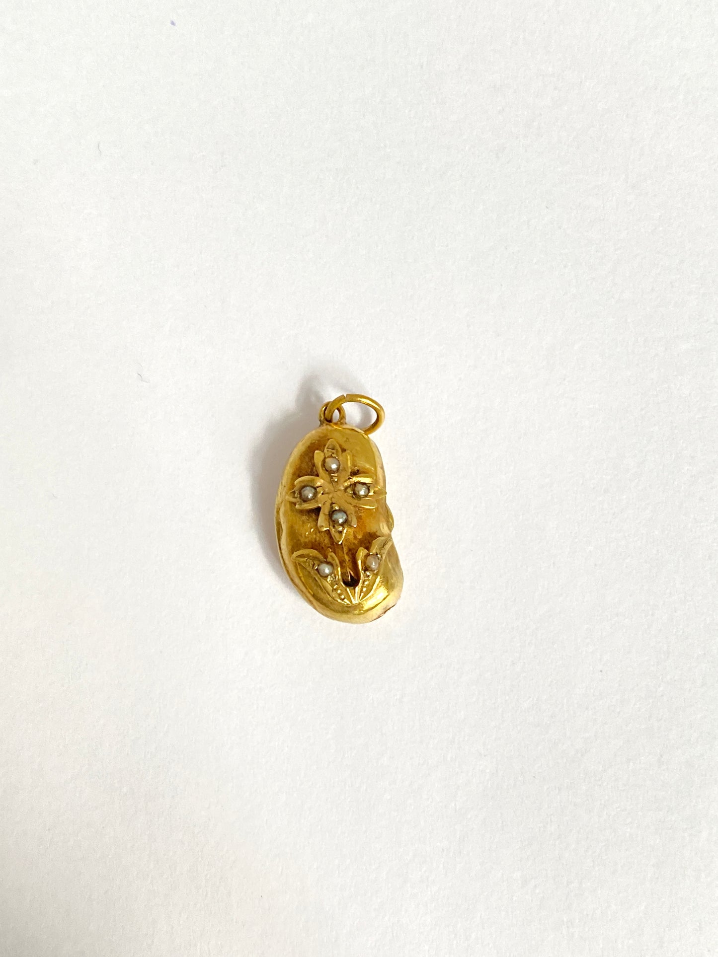 9ct Gold, Antique, Kidney Bean Lucky Charm, with Seed Pearl Flower