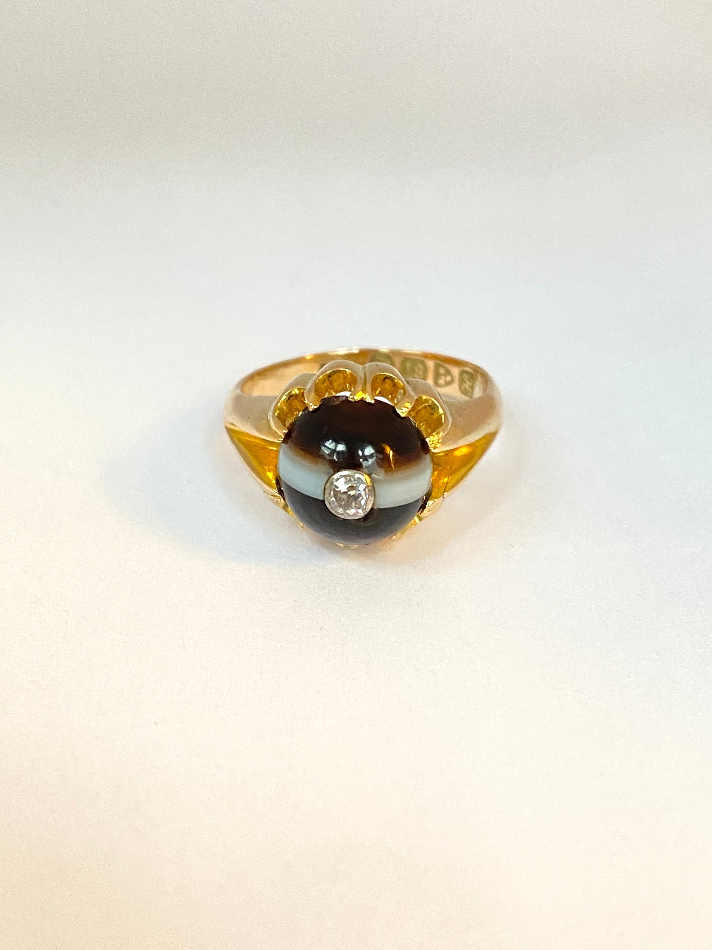 Edwardian, 18ct Gold, Bullseye Agate Ring with Diamond, Hallmarked Chester, 1908