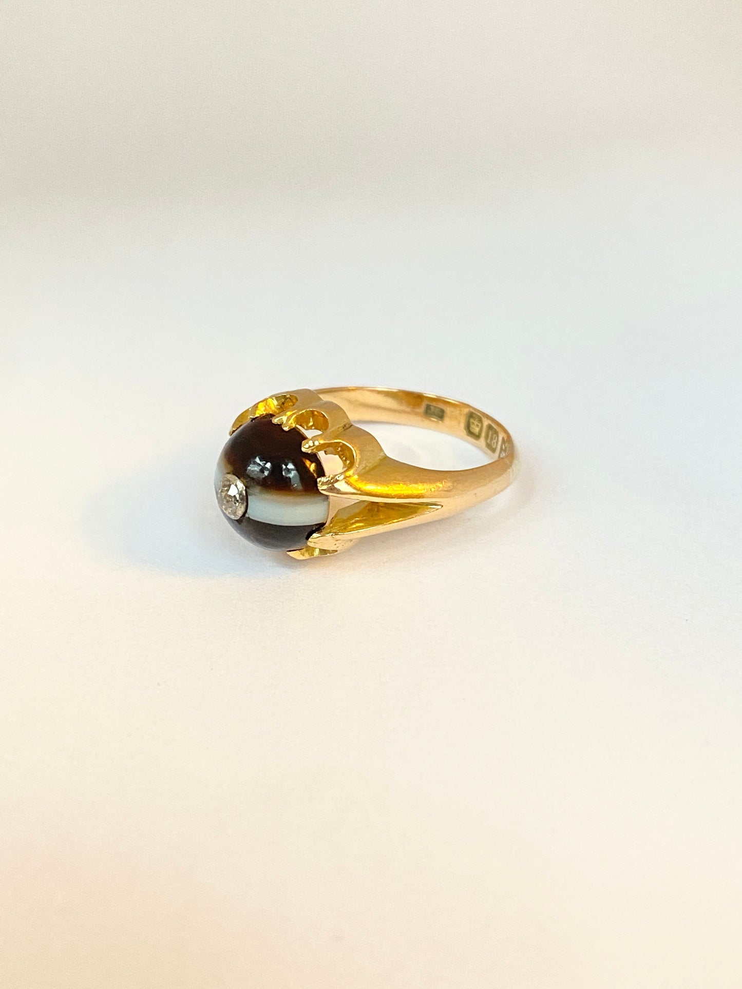 Edwardian, 18ct Gold, Bullseye Agate Ring with Diamond, Hallmarked Chester, 1908