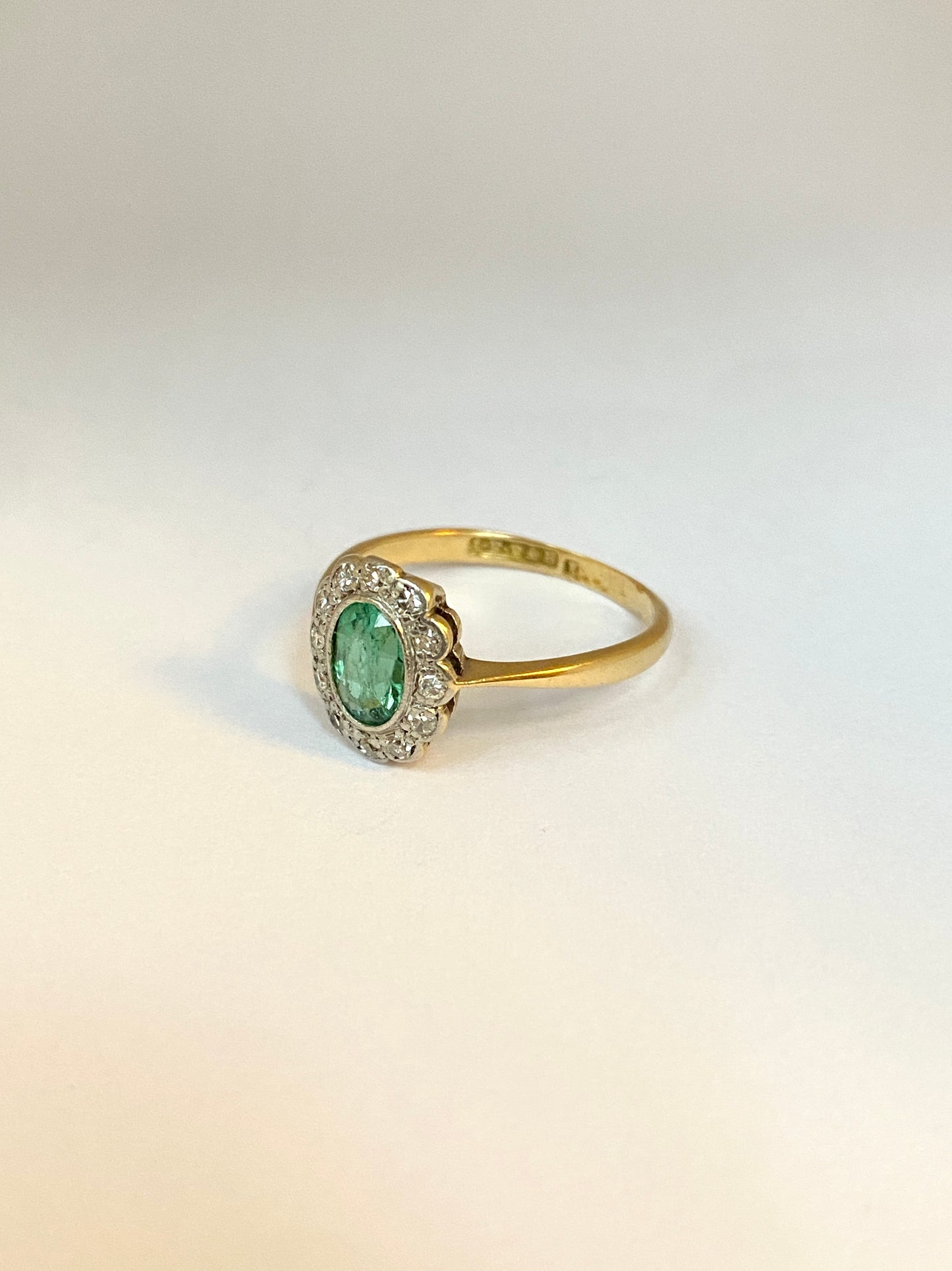 Vintage, 18ct Gold Emerald and Diamond Cluster Flower Ring