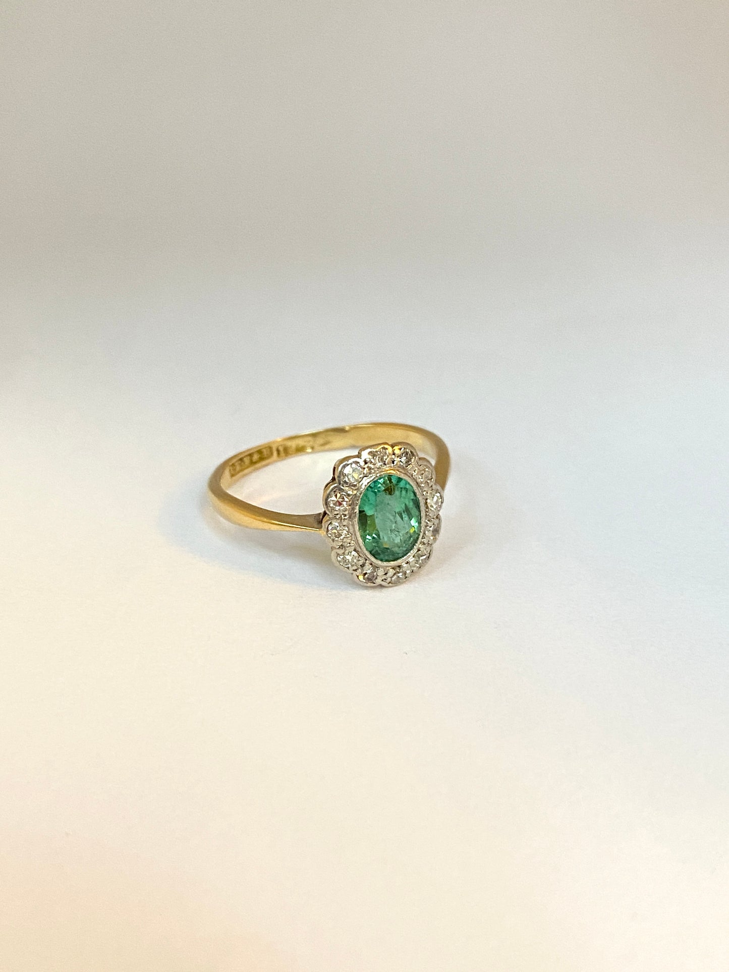 Vintage, 18ct Gold Emerald and Diamond Cluster Flower Ring