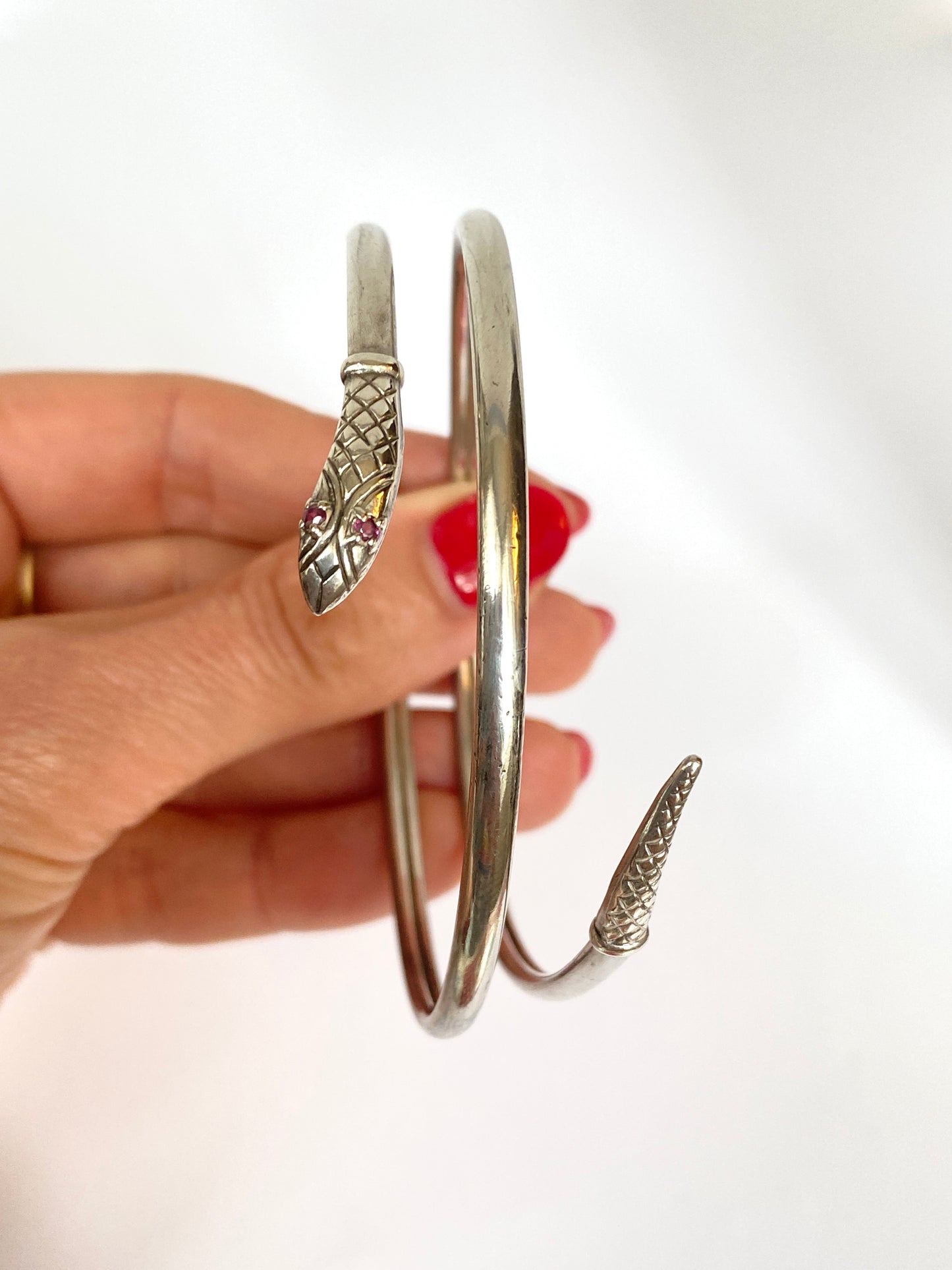 Vintage, Sterling Silver, Ruby Eyed Snake Bangle, 18.33g