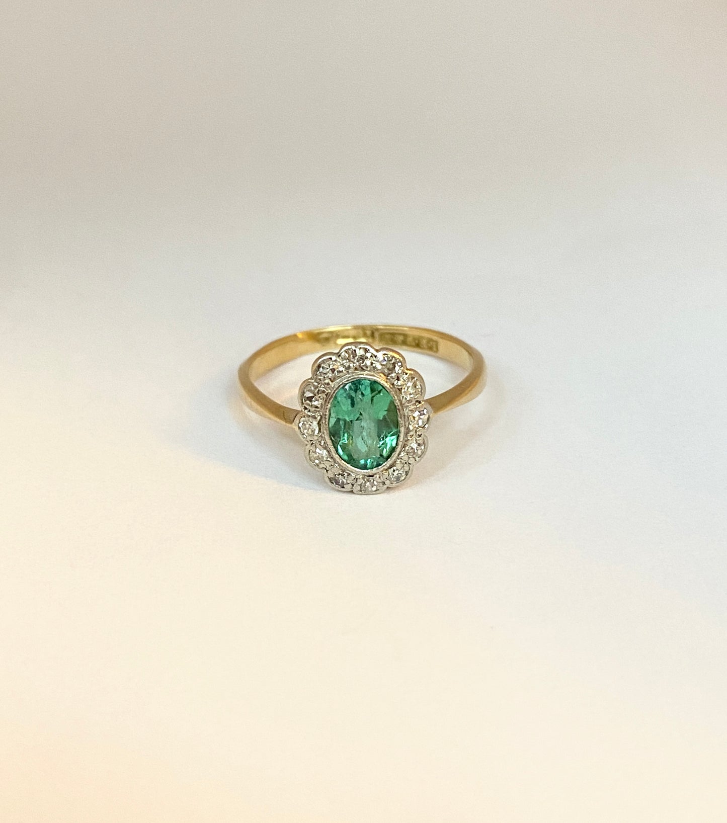 Vintage, 18ct Gold Emerald and Diamond Cluster Flower Ring