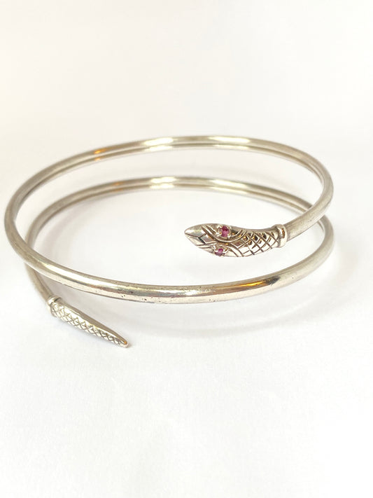 Vintage, Sterling Silver, Ruby Eyed Snake Bangle, 18.33g