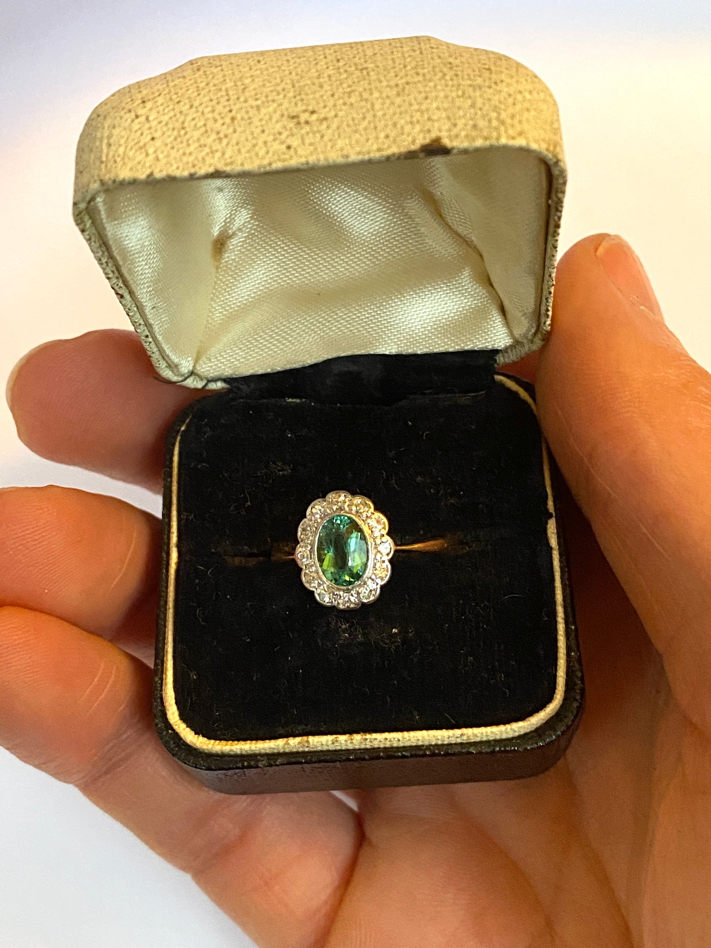 Vintage, 18ct Gold Emerald and Diamond Cluster Flower Ring