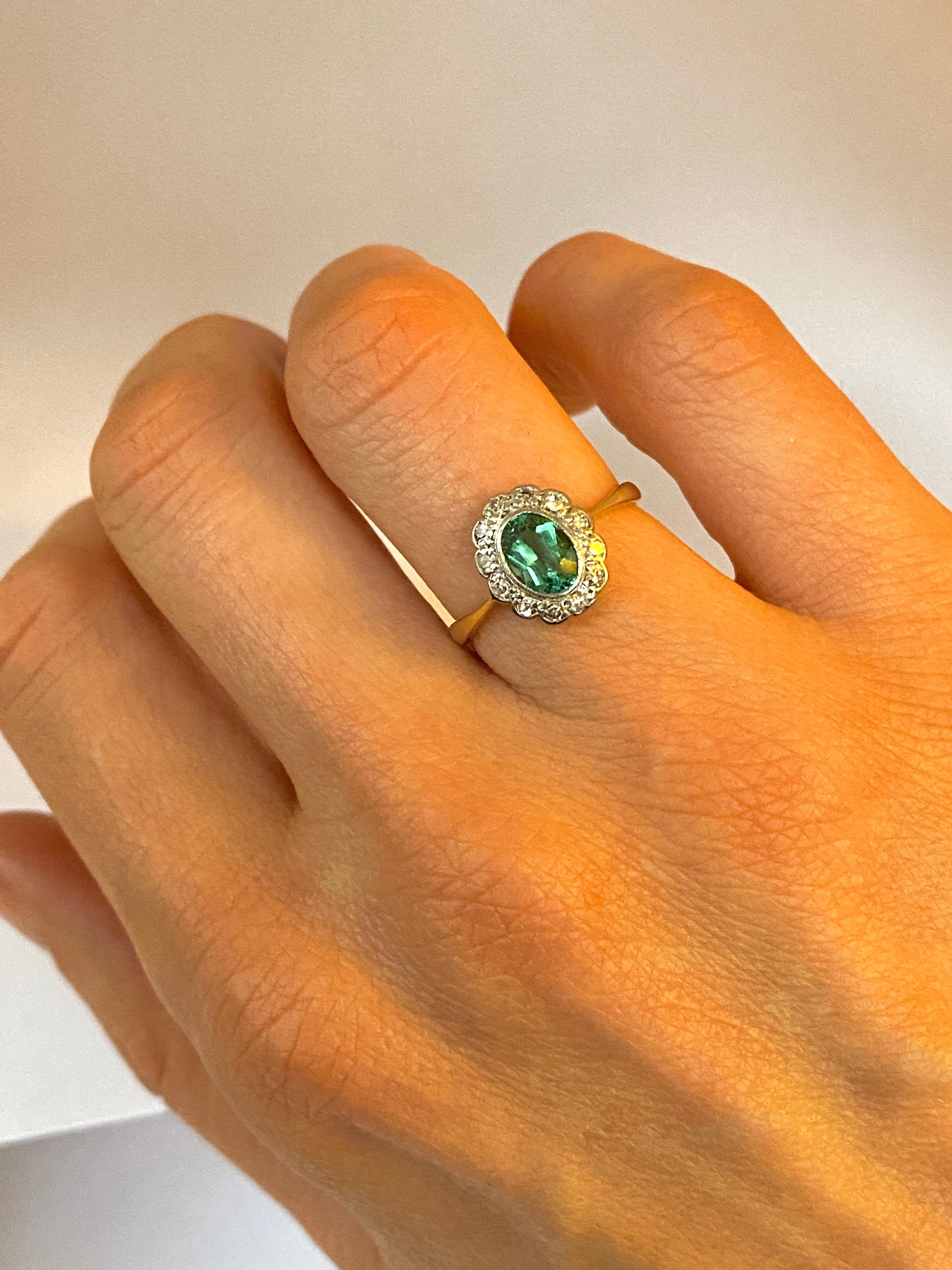 Vintage, 18ct Gold Emerald and Diamond Cluster Flower Ring