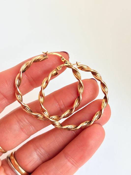 Vintage,9ct Gold Large Twist Hoop Earrings (3.6cm x 3.6cm)