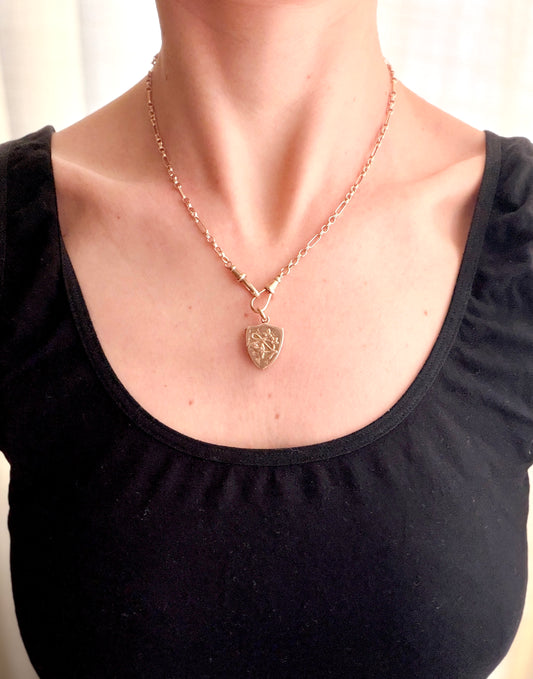 Rare, Victorian,  9ct Gold Shield Locket with Ivy and a equestrian decor, 1901