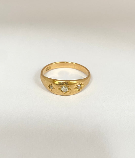 Antique, 18ct Gold, Old Cut Diamond, 3 Star, Gypsy Ring, Hallmarked 18ct Gold