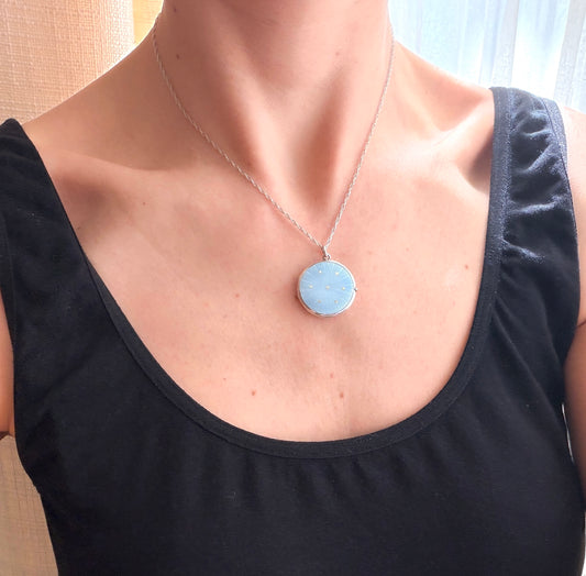 Sterling Silver, Vintage Blue Guilloche Enamel Locket/Pendant Necklace