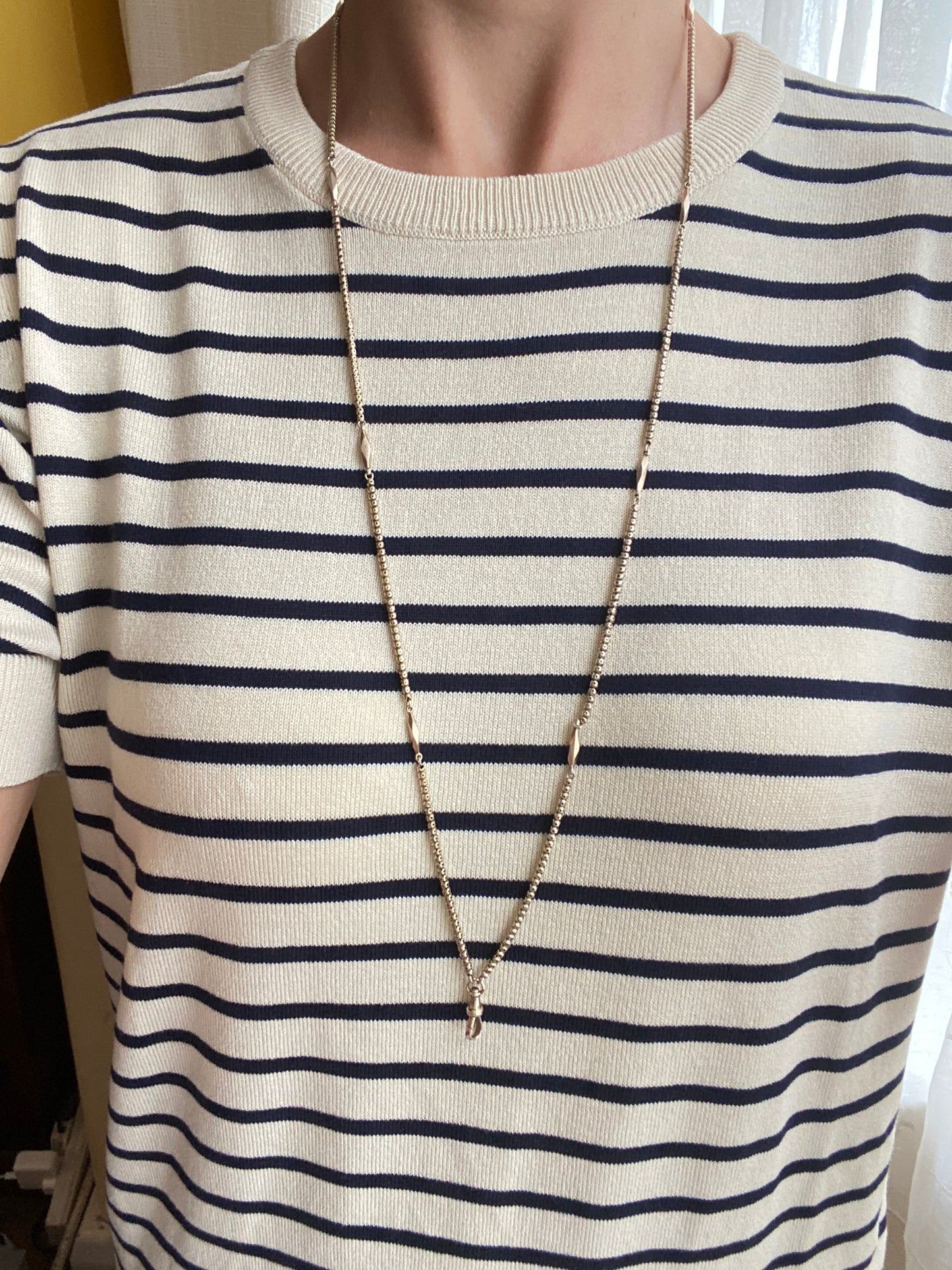 Antique, 9ct Gold Victorian Pierced Link Long Guard chain with faceted stations, 32 inches, 13g