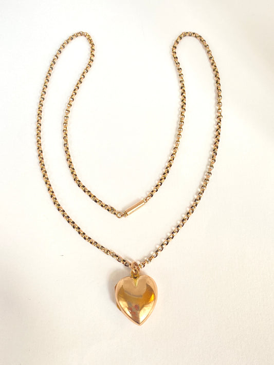 Antique, Victorian, 9ct Gold Puffy Heart Locket with 9ct Gold Chain, Hallmarked, Chester, 1901