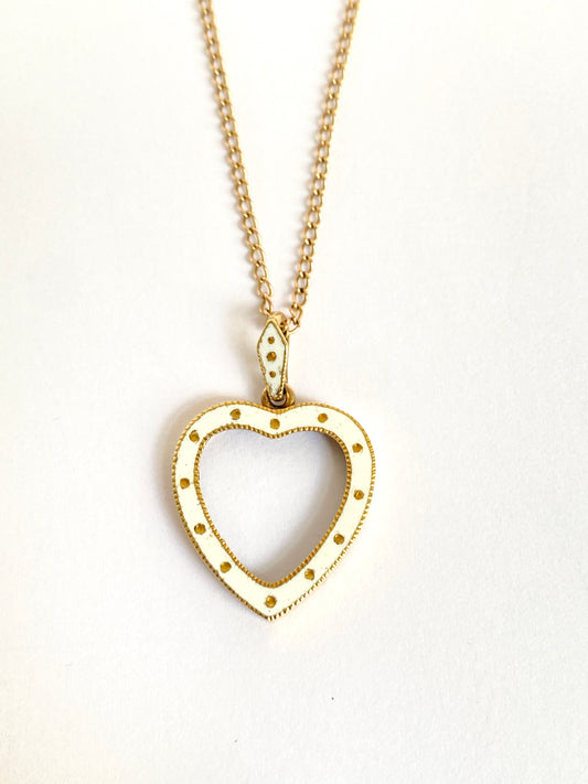 Pretty, Vintage, 9ct gold, White Enamel Open Heart Necklace with 9ct Gold 16 inch Chain