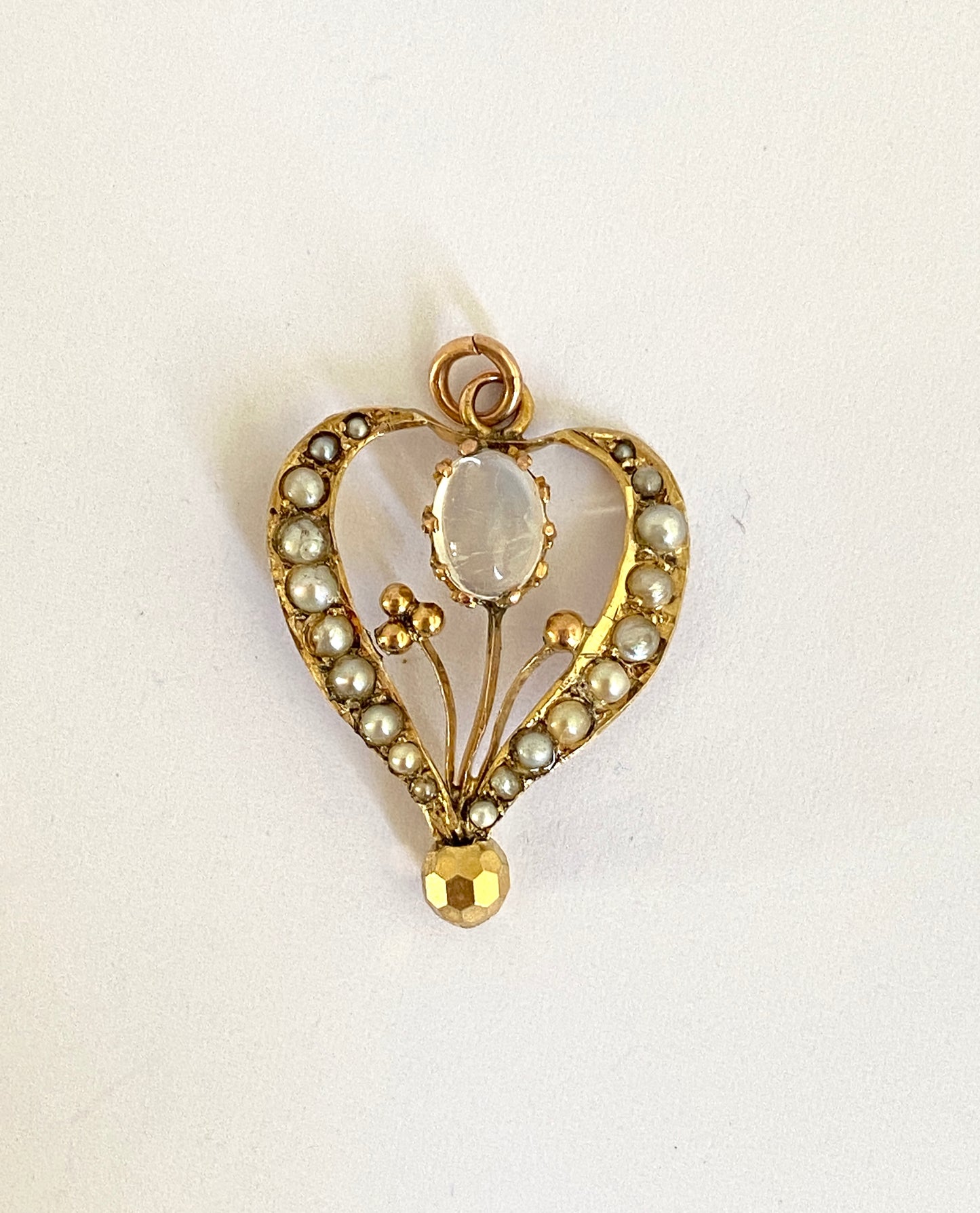 Antique, 9ct Gold Moonstone and Seed Pearl Pendant