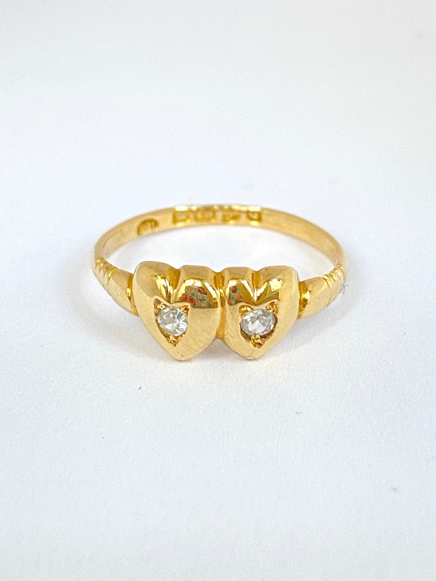 Victorian Double Heart Diamond ring, Hallmarked, 18ct Gold, Chester, 1895