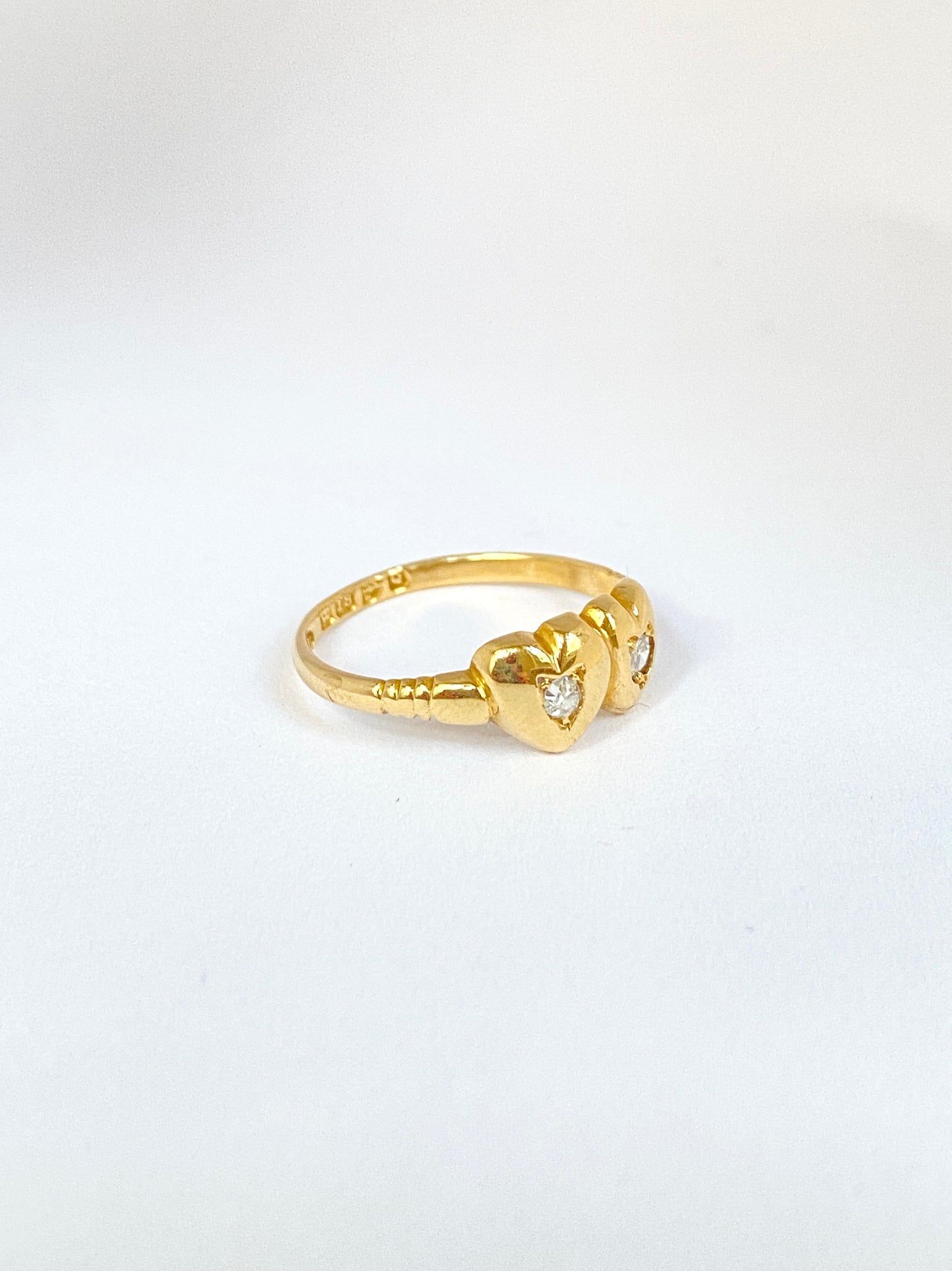 Victorian Double Heart Diamond ring, Hallmarked, 18ct Gold, Chester, 1895