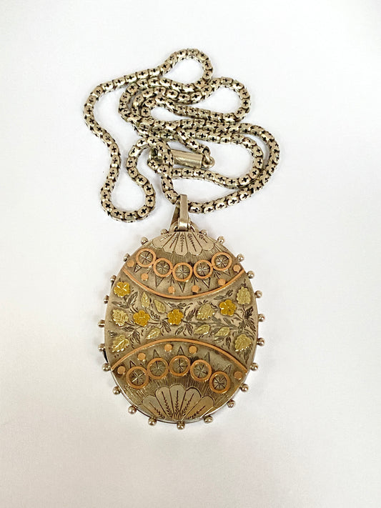 Victorian 9ct Rose, Yellow and Green Gold & Sterling Silver Flower Locket, Hallmarked for Birmingham 1862. (29.55g)