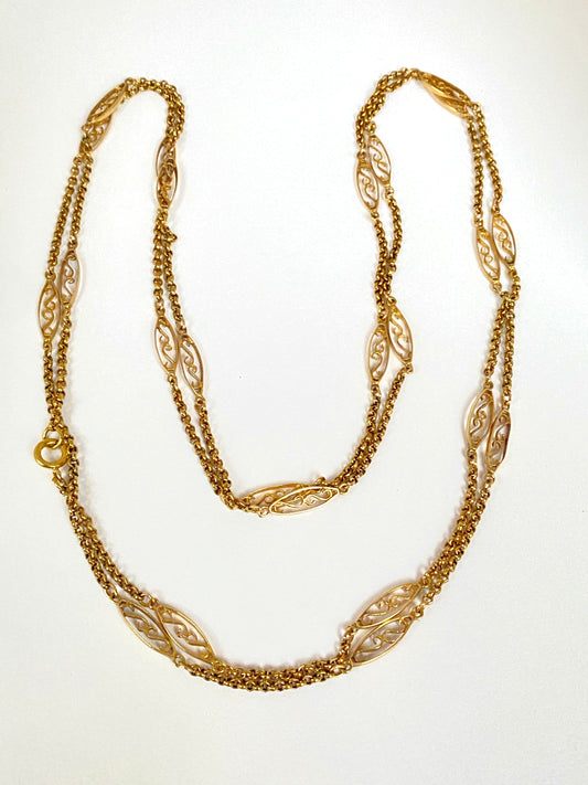 46 inch Antique Fancy Link Filigree Long Guard Chain ( 17.45g)