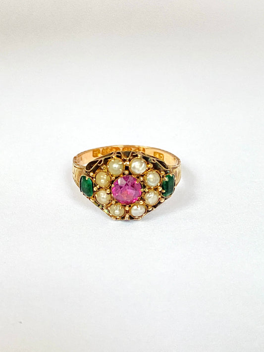 15ct Gold, Victorian, Pearl, Emerald and Almandine Garnet Ring, Hallmarked 1849