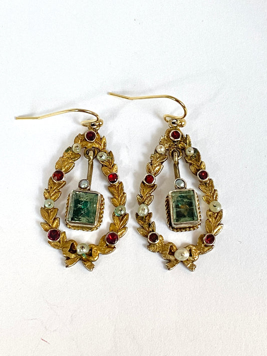 Silver Gilt Austro Hungarian Emerald/Garnet/Pearl Drop Earrings