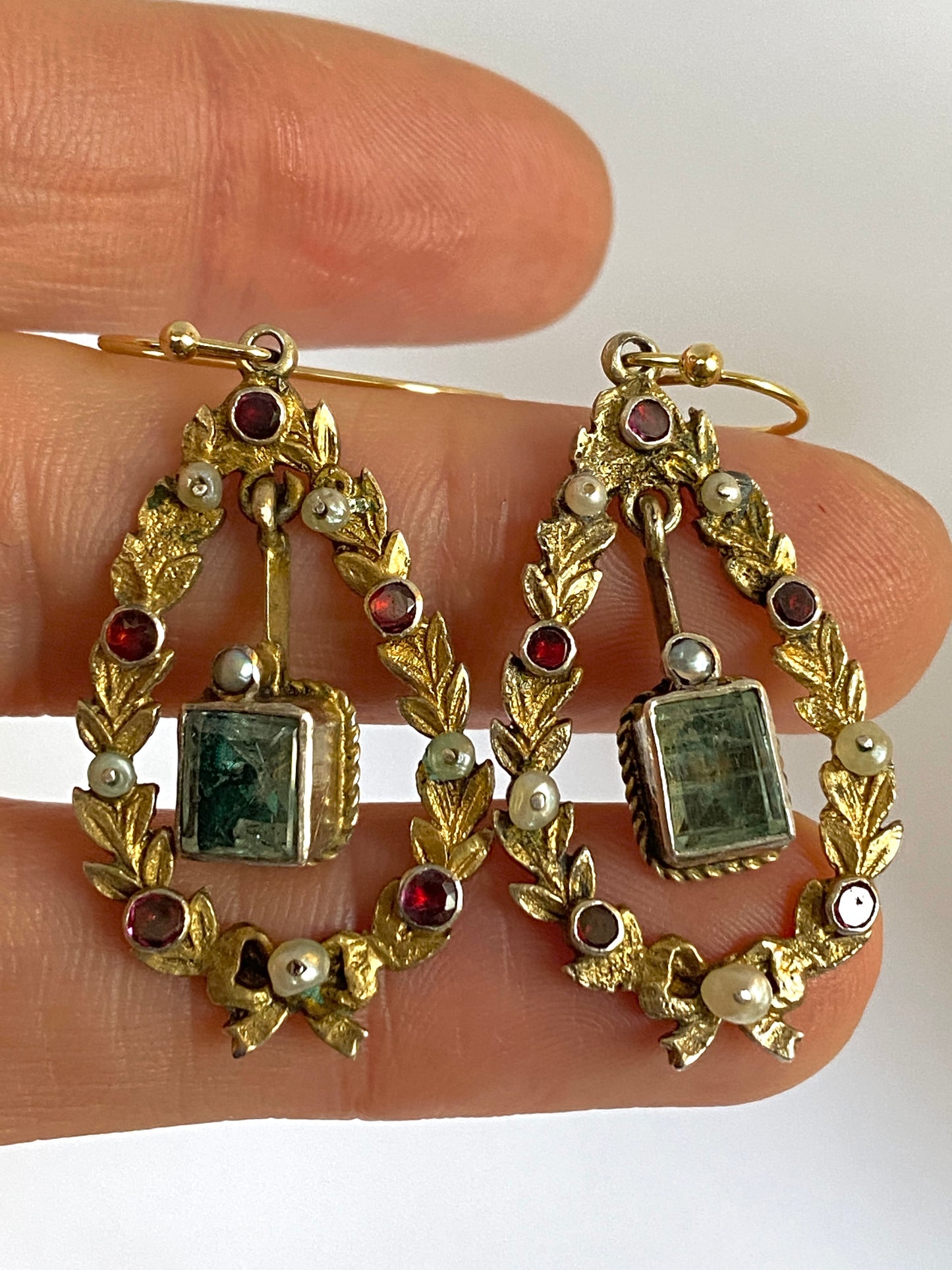 Silver Gilt Austro Hungarian Emerald/Garnet/Pearl Drop Earrings