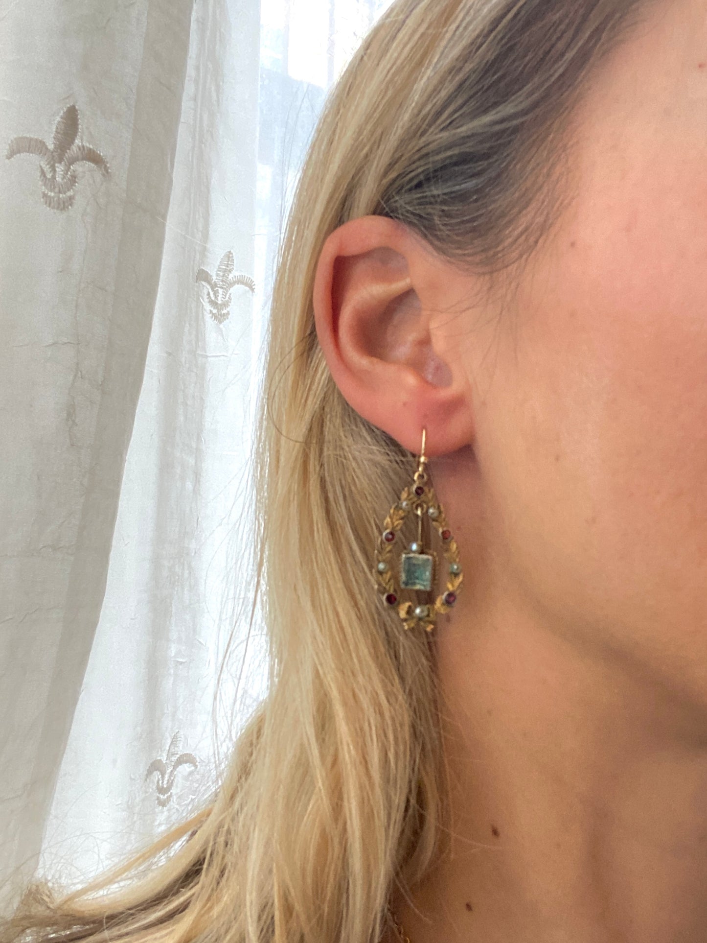 Silver Gilt Austro Hungarian Emerald/Garnet/Pearl Drop Earrings