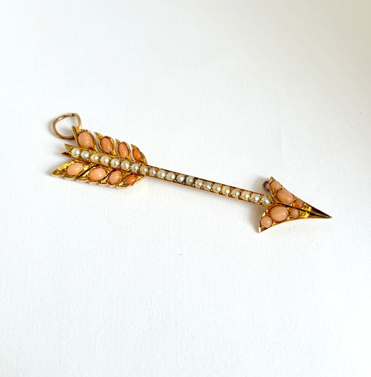 Large, Victorian, 15ct Gold Angel Hair Coral and Pearl Arrow Necklace
