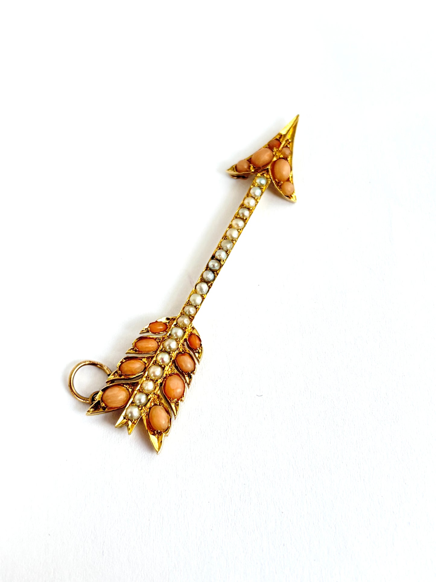 Large, Victorian, 15ct Gold Angel Hair Coral and Pearl Arrow Necklace