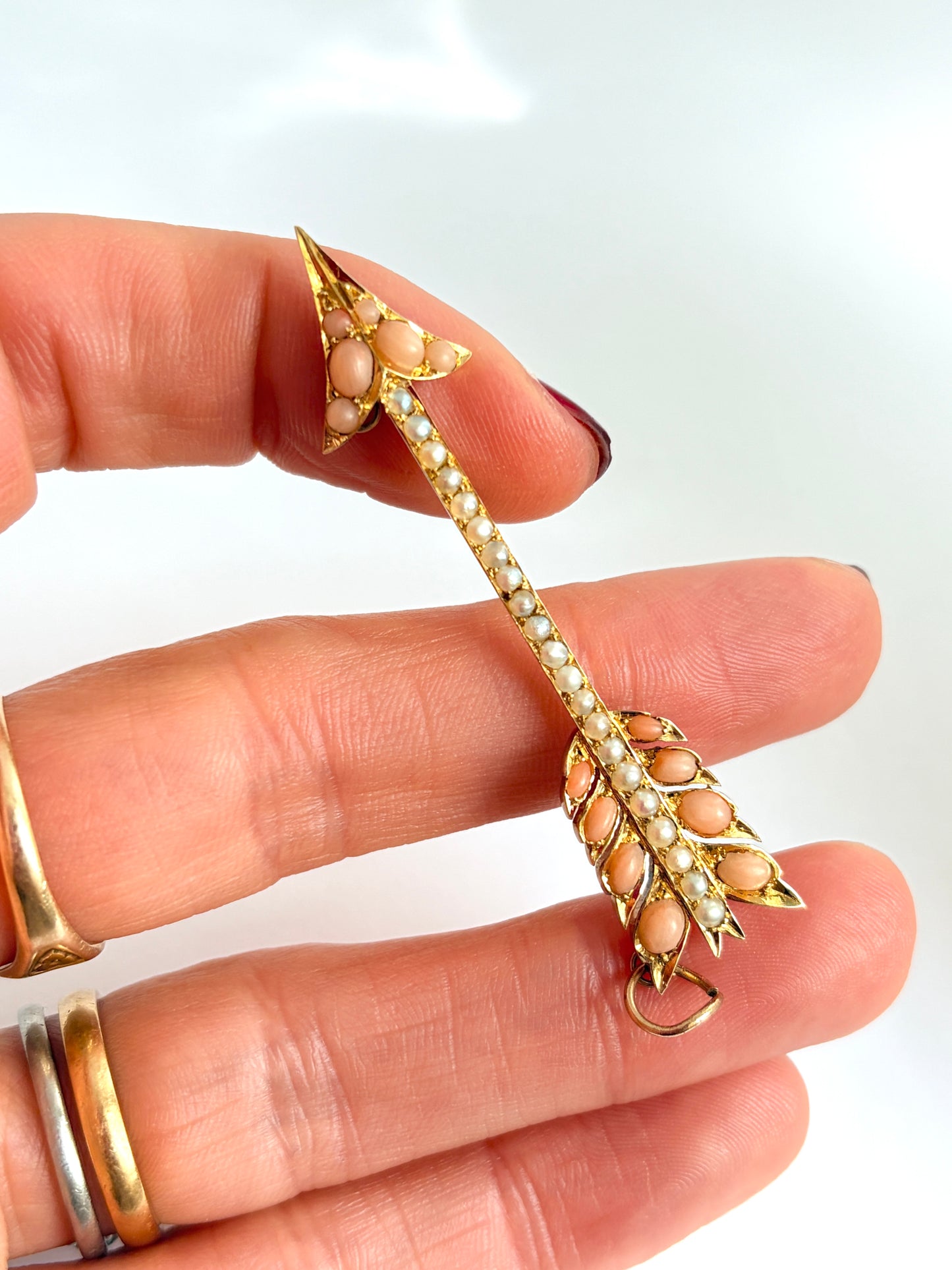 Large, Victorian, 15ct Gold Angel Hair Coral and Pearl Arrow Necklace