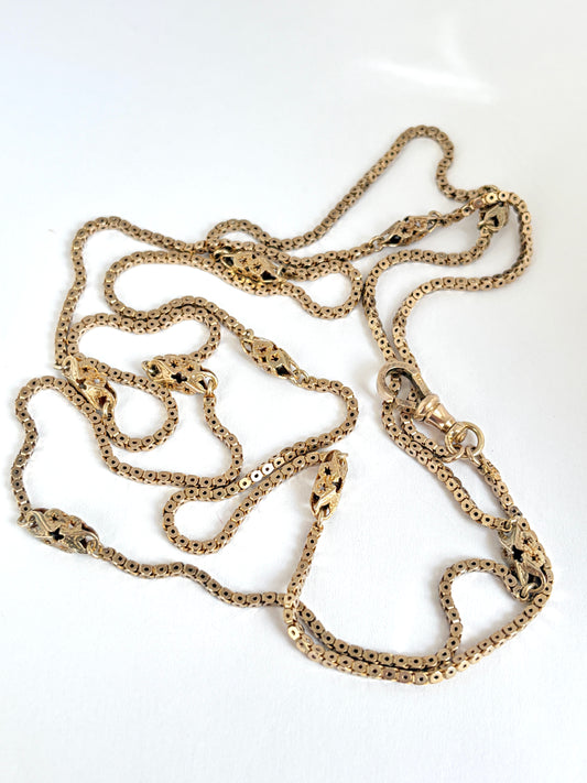 Rare, 9ct Solid Gold Victorian Pierced Link Long Guard, 38 inches and 16g