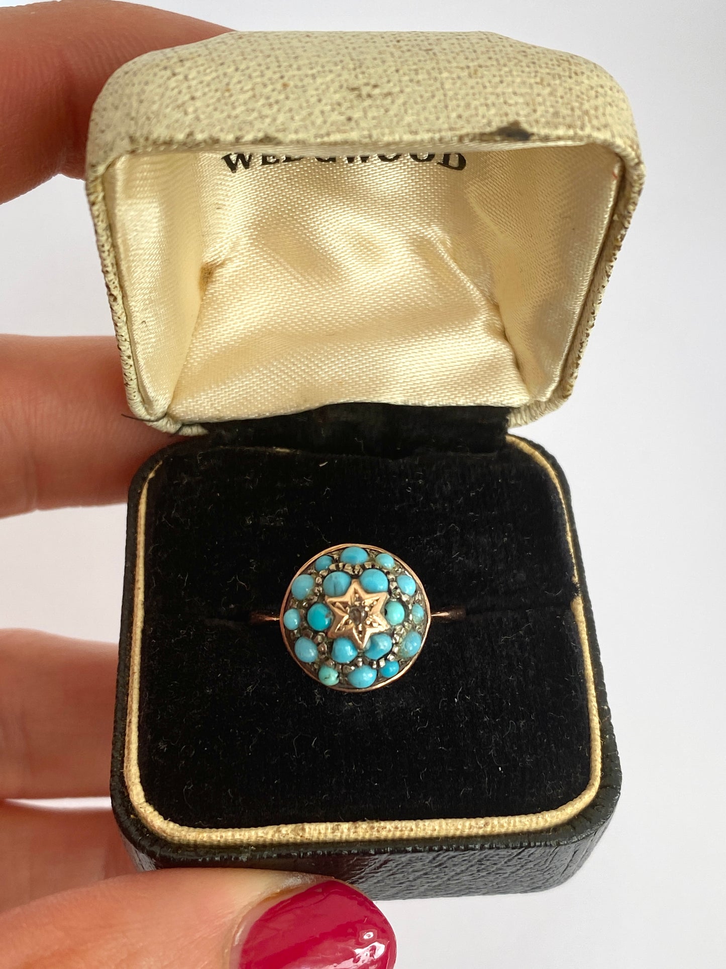 9ct Gold, Antique, Turquoise and Rose Cut Diamond Cluster/Bombe Ring