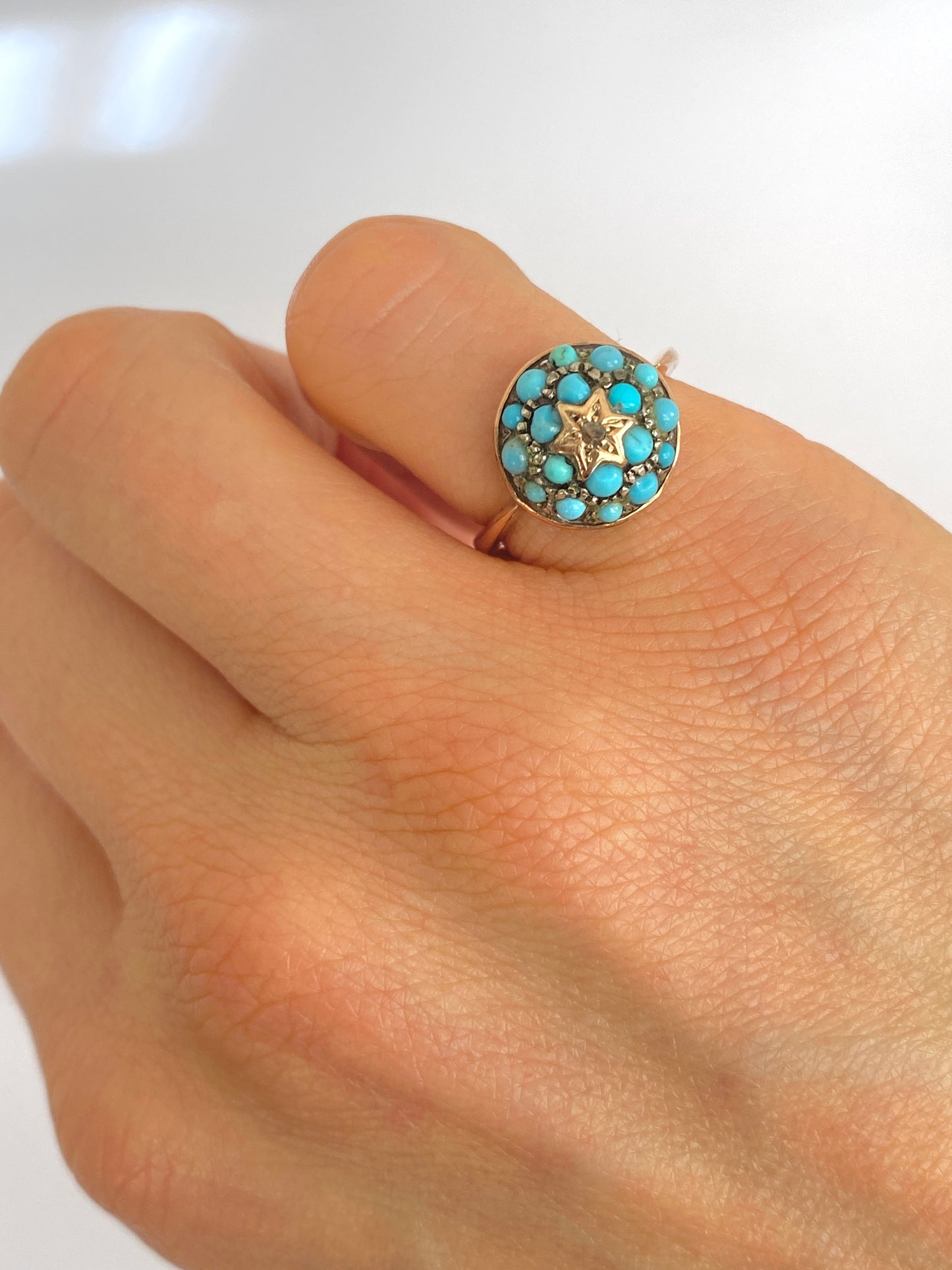 9ct Gold, Antique, Turquoise and Rose Cut Diamond Cluster/Bombe Ring