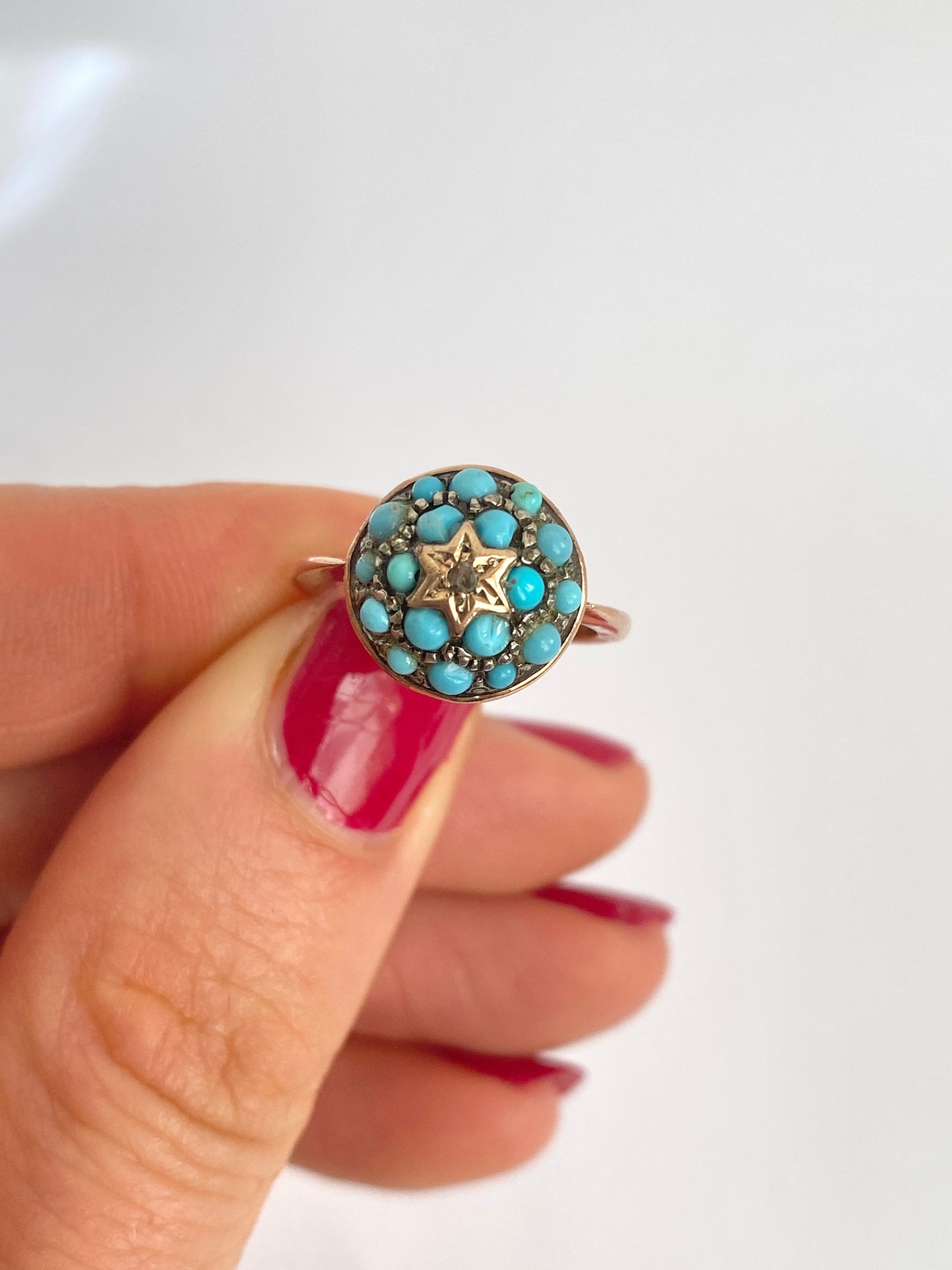 9ct Gold, Antique, Turquoise and Rose Cut Diamond Cluster/Bombe Ring