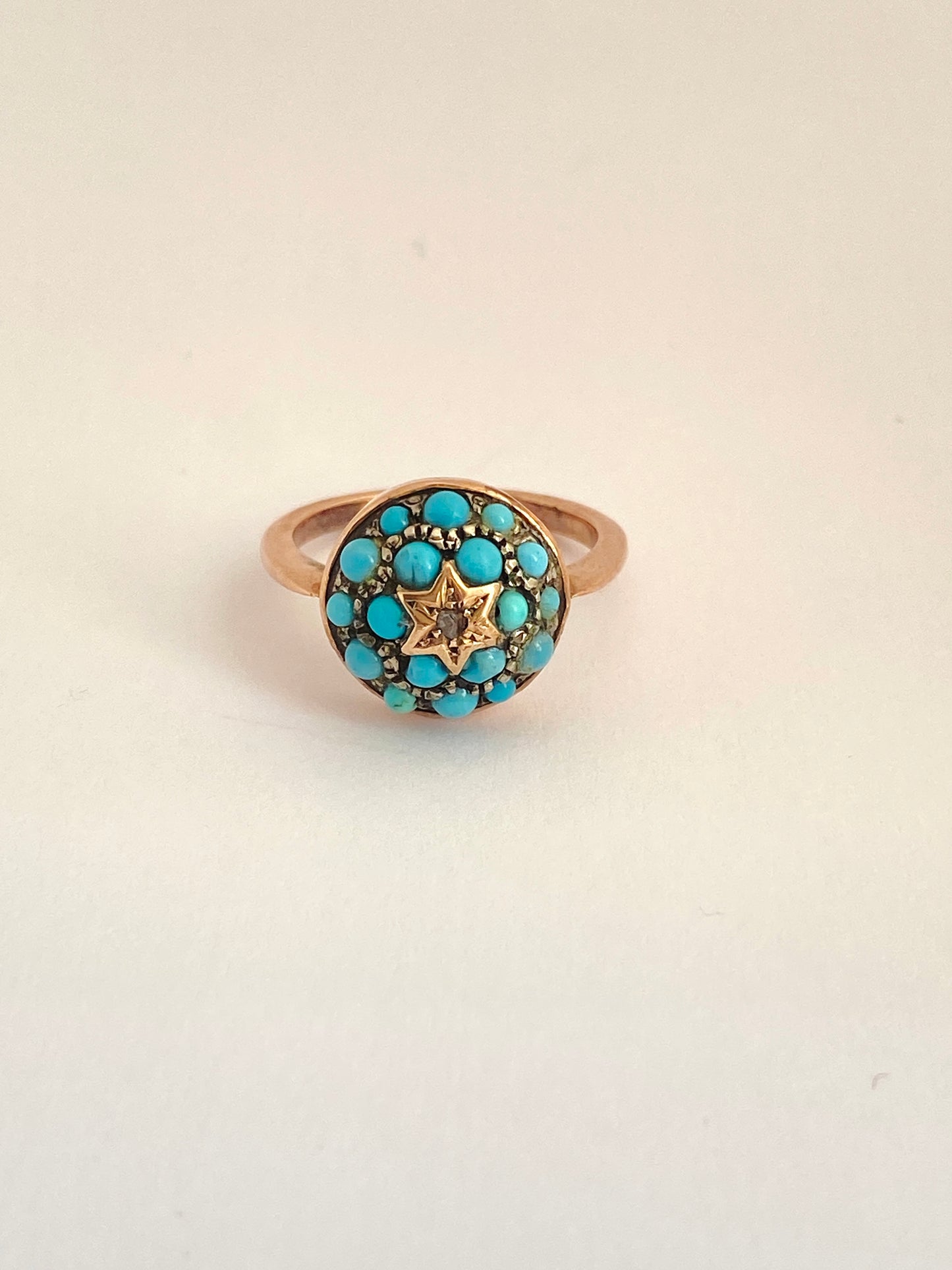 9ct Gold, Antique, Turquoise and Rose Cut Diamond Cluster/Bombe Ring